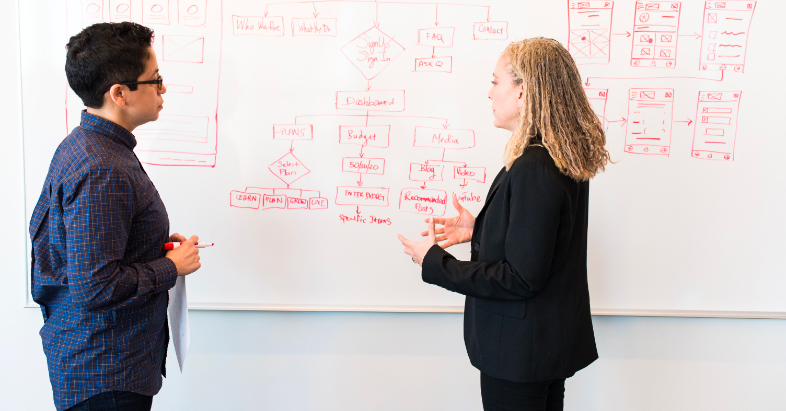 Two people discussing in front of graphs